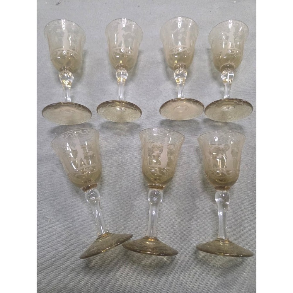 RARE Set of 7 antique etched crystal cordial  glasses 1880-1930 Figural Putti